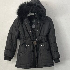 bebe Black Puffer Jacket with Faux Fur Trim